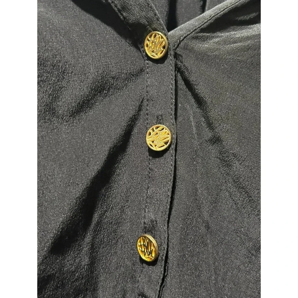 Lilly Pulitzer Blouse Women XS Black Excellent Silk Smocked V-Neck Gold Buttons